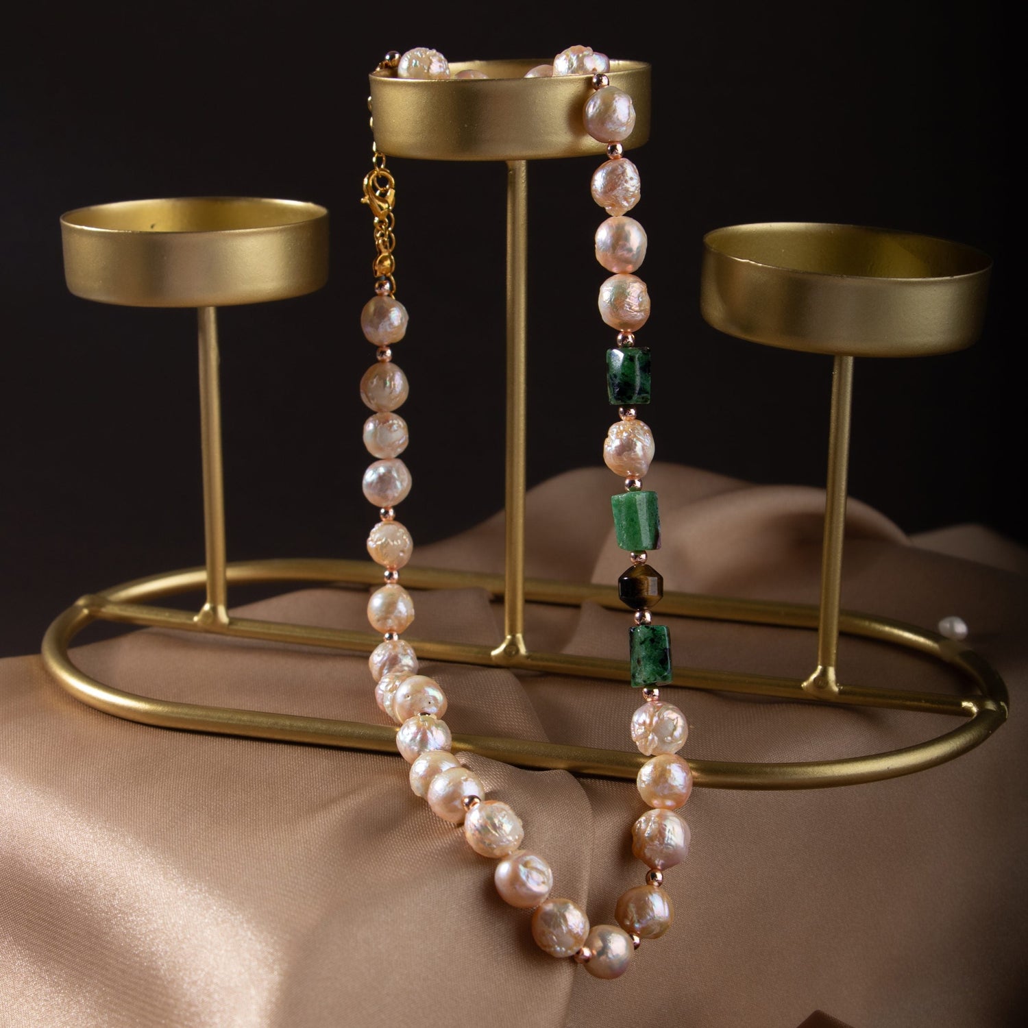 İnci-Anyolit-Kaplan Gözü Doğal Taş Gümüş Kolye