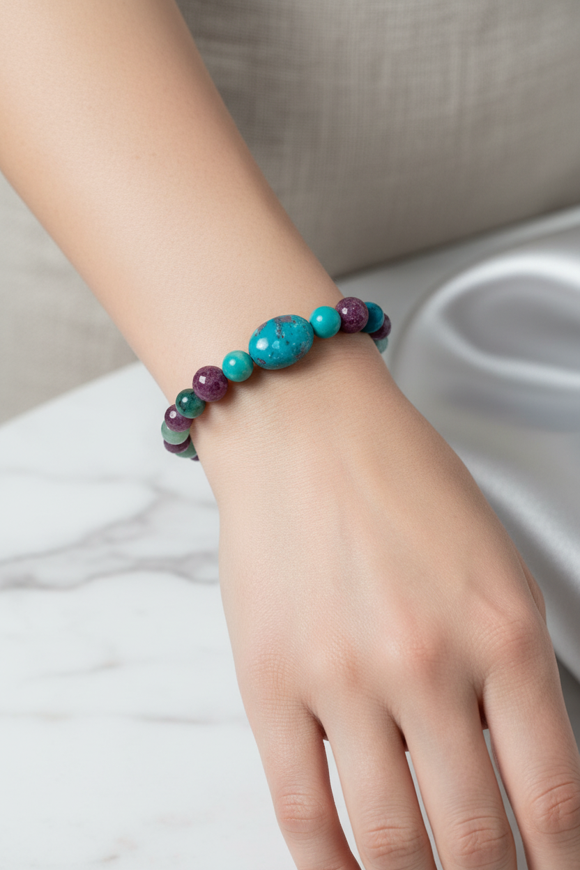 Zümrüt, Yakut ve Turkuaz (Firuze) Doğal Taş Bileklik – 6 mm Fasetli Misinalı, Unisex Tasarım