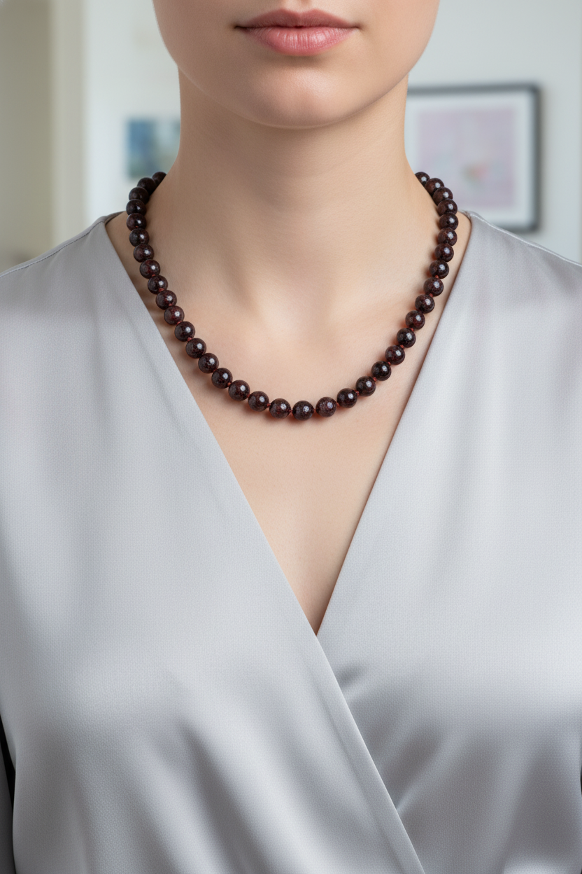 Bordo Granat (Lal) Doğal Taş Kolye – 8 mm Düğümlü, Unisex Tasarım