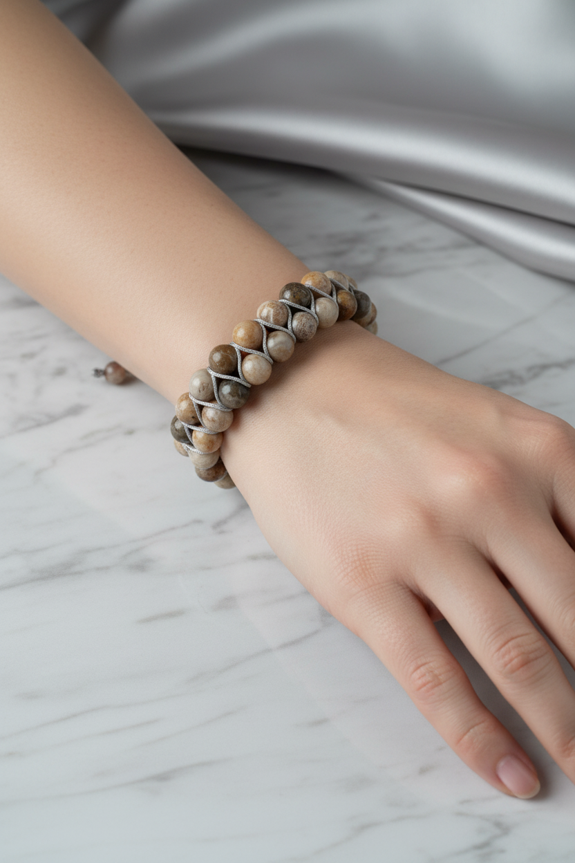 Fosil Mercan 8mm Çift Sıra Makrome Doğal Taş Bileklik