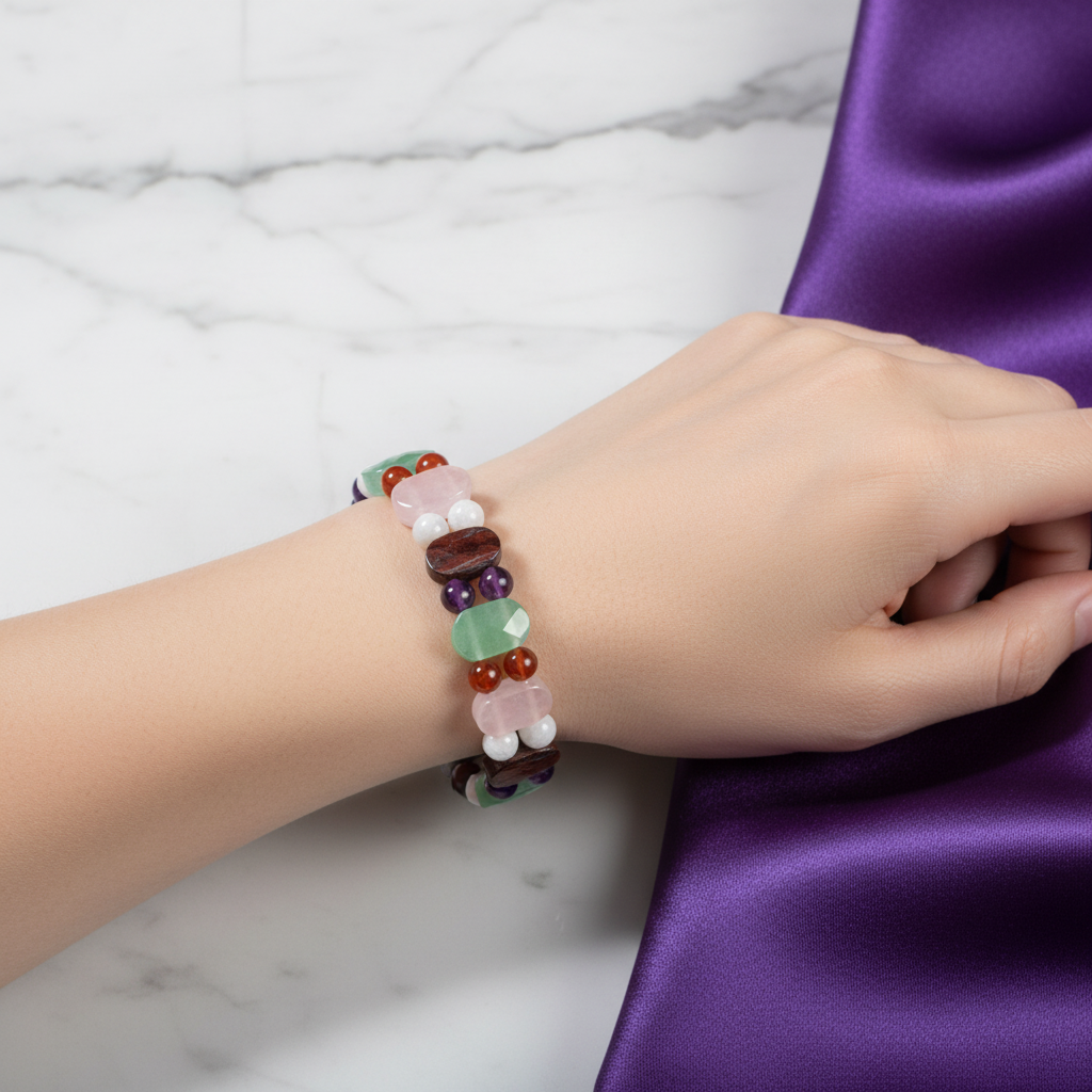 Yengeç Burcu Doğal Taş Bileklik – Ametist, Ay Taşı, Kaplan Gözü, Akik, Pembe Kuvars & Aventurin