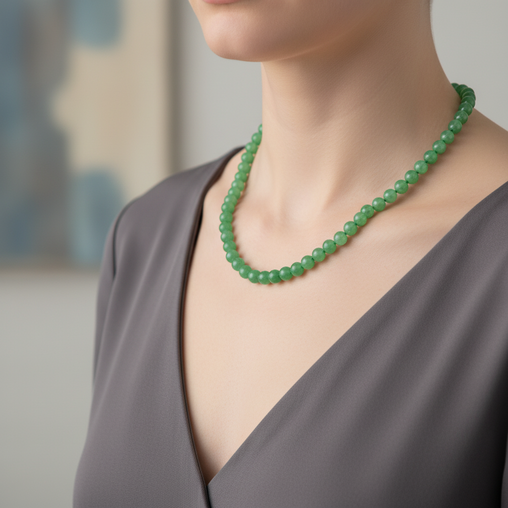 Yeşil Aventurin Doğal Taş Kolye – 8 mm Düğümlü, Unisex Tasarım