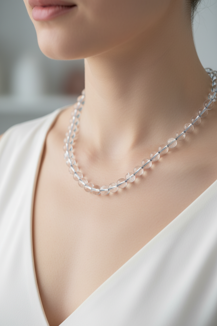 Kristal Kuvars Doğal Taş Kolye – 8 mm Düğümlü, Unisex Tasarım