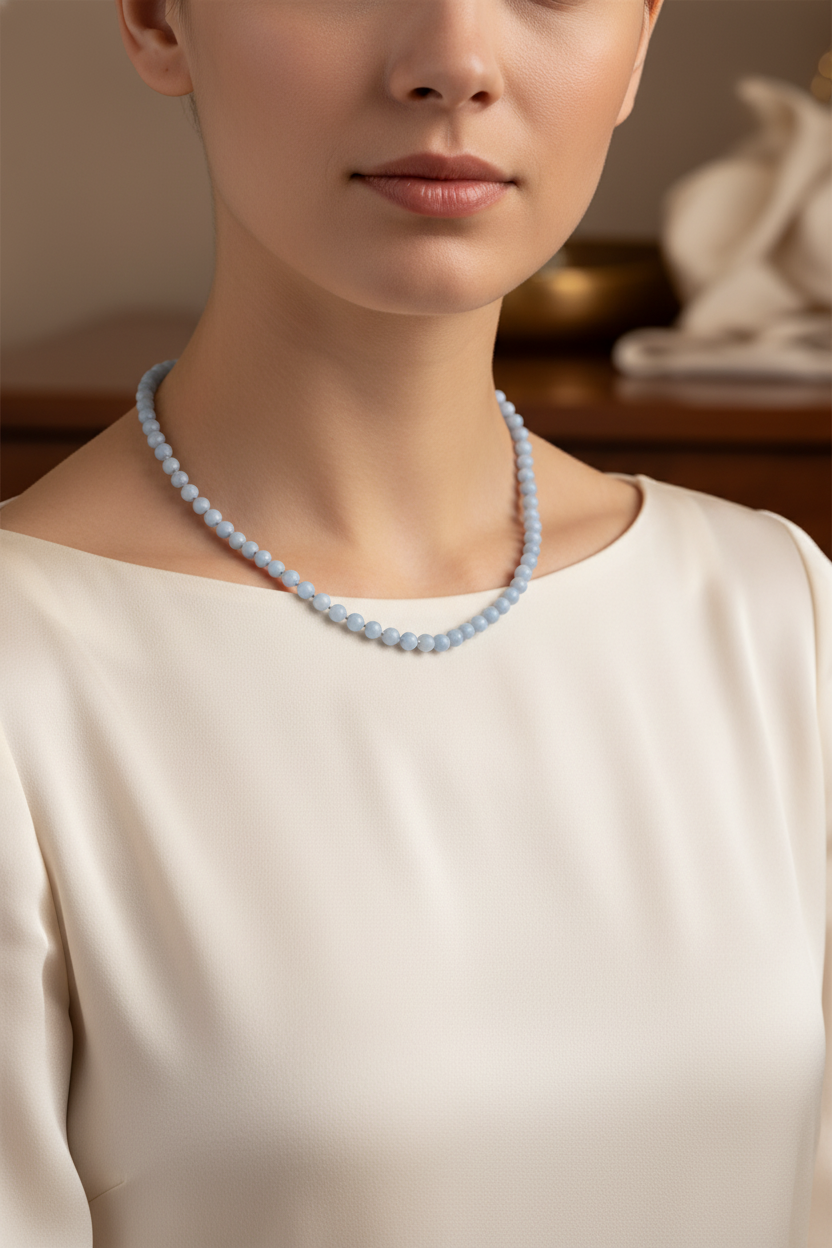 Anjelit 6 mm Düğümlü Doğal Taş Kolye – Unisex El İşçiliği