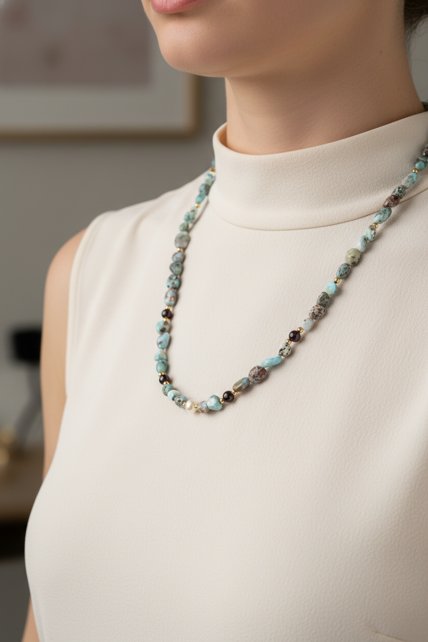 Larimar, Lal, Hematit, İnci & Ay Taşı Altın Kaplama Doğal Taş Kolye – Özel Tasarım