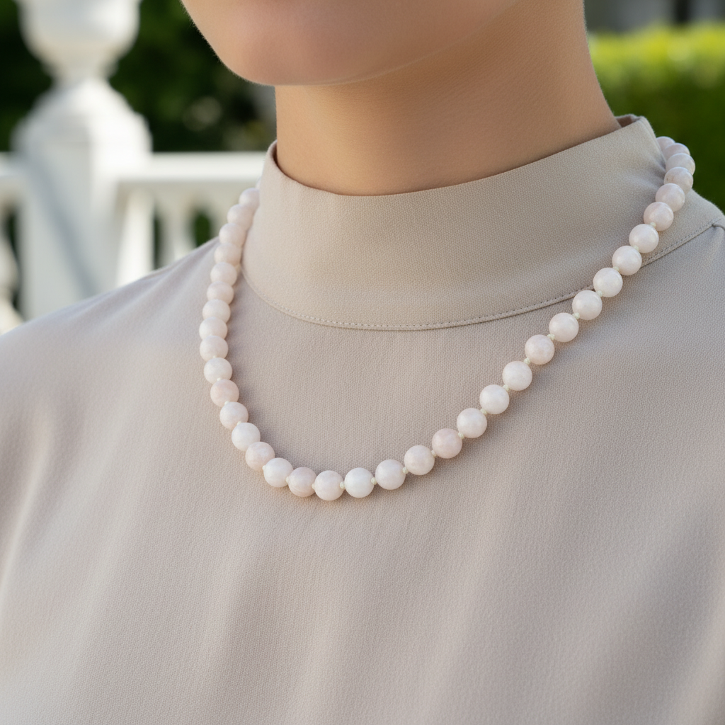 Ay Taşı Doğal Taş Kolye – 8 mm Düğümlü, Unisex Tasarım