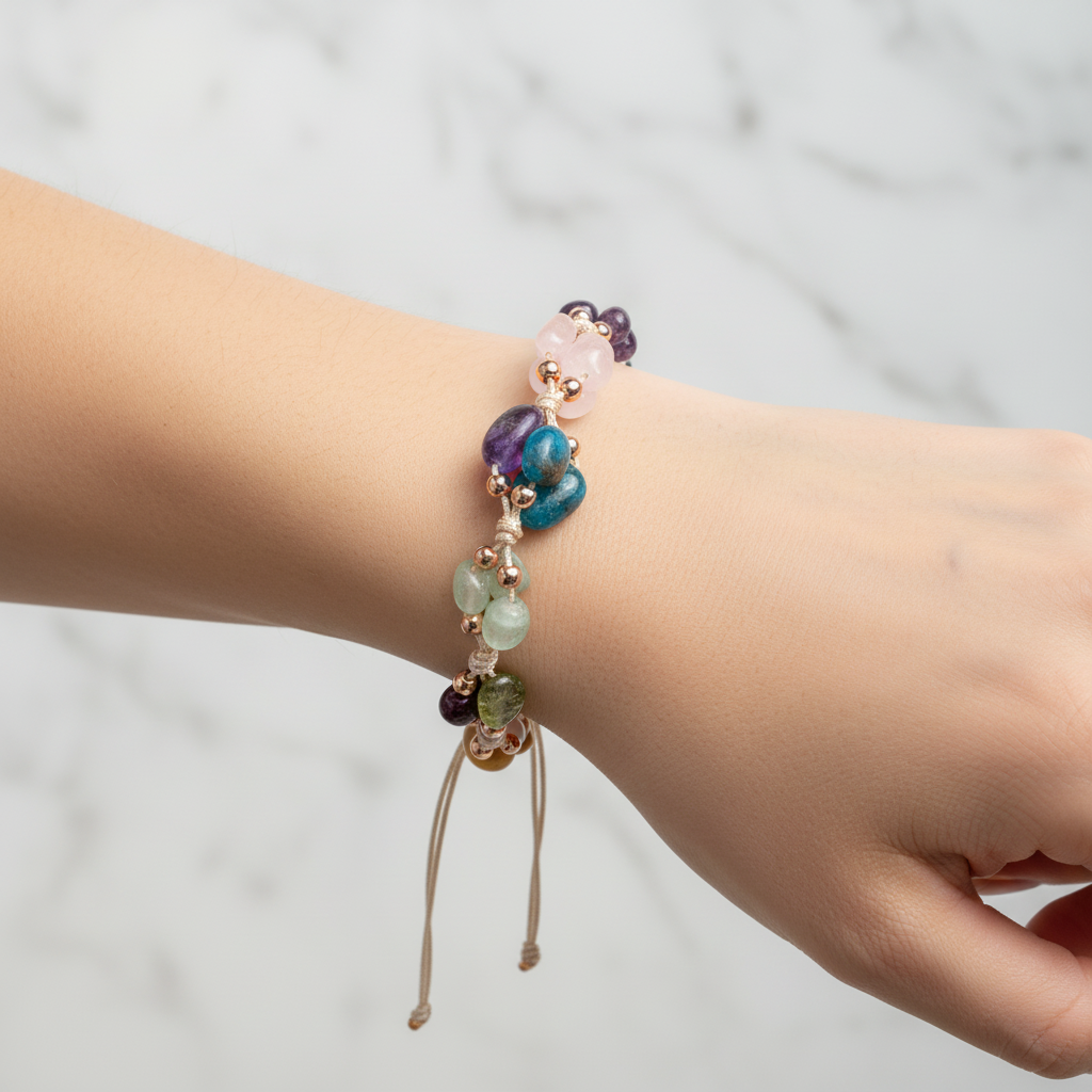 Başak Burcu Doğal Taş Makrome Bileklik – Ametist, Bordo Granat Lal, Jasper, Mavi Apatit, Pembe Kuvars, Yeşil Aventurin, Zebercet (Peridot) – Özel Tasarım