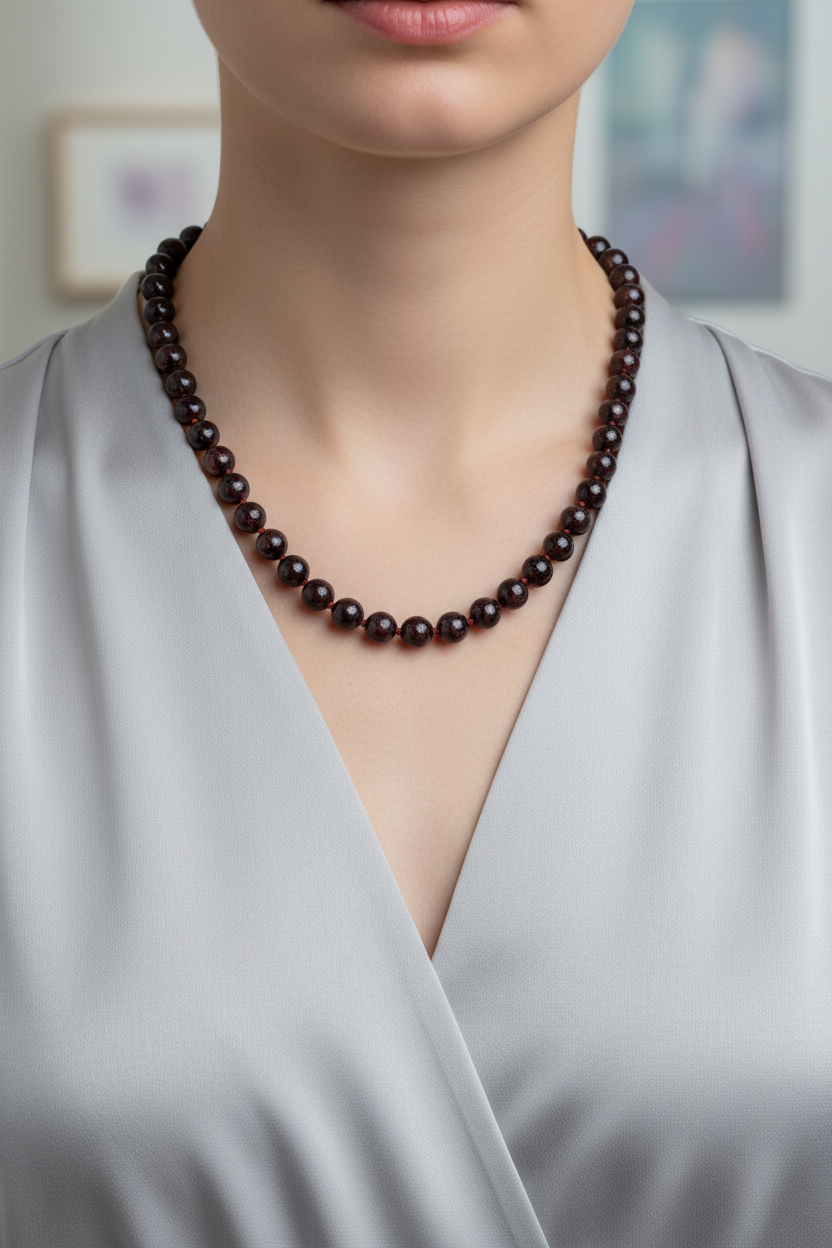 Bordo Granat (Lal) Doğal Taş Kolye – 8 mm Düğümlü, Unisex Tasarım