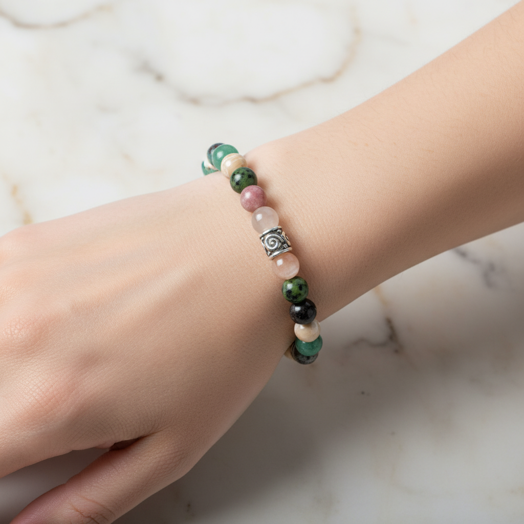 Boğa Burcu Doğal Taş Bileklik – Güneş Taşı, Krizokol, Obsidyen, Rodonit, Sedef, Yeşil Aventurin ve Yeşim