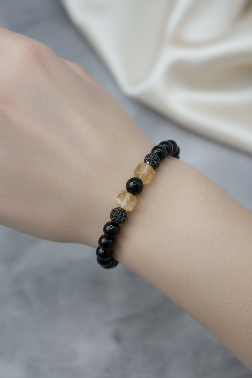Sitrin, Obsidyen ve Siyah Zirkon Doğal Taş Bileklik – 8 mm Unisex Tasarım