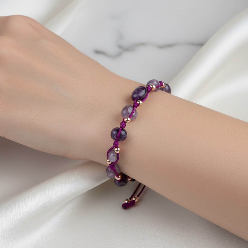 Ametist Natürel Kesim Doğal Taş Makrome Bileklik – Unisex El İşçiliği