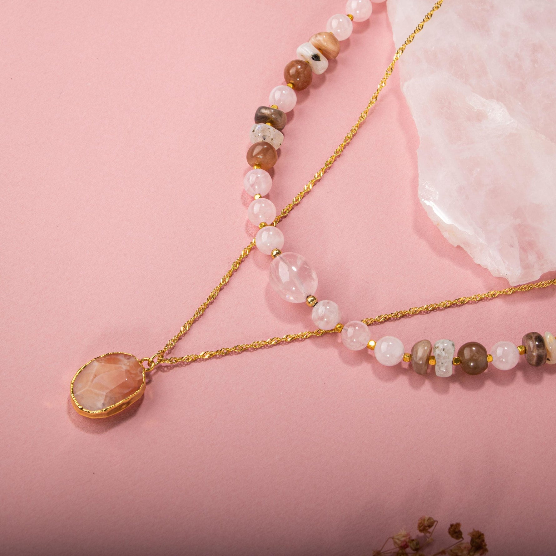 Ay Taşı-Pembe Kuvars-Güneş Taşı Doğal Taş Kolye