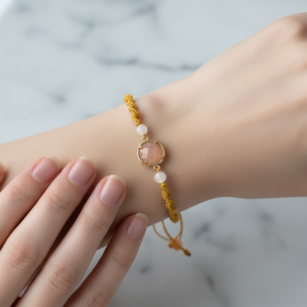 Güneş Taşı – Pembe Kuvars Doğal Taş Makrome Bileklik – Özel Tasarım