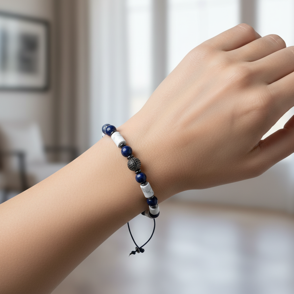 Sodalit, Hematit, Havlit Gümüş Aparat  Doğal Taş Makrome Bileklik