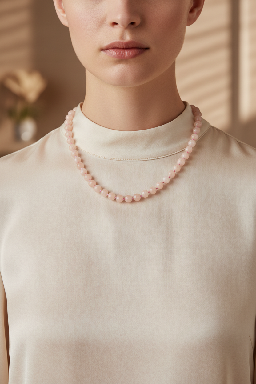 Morganit Doğal Taş Kolye – 8 mm Düğümlü, Unisex Tasarım