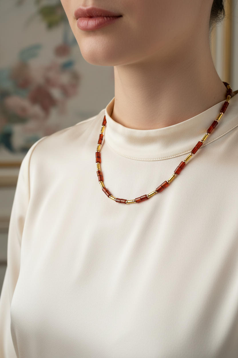 Kırmızı Akik & Hematit Doğal Taş Kolye – Özel Tasarım