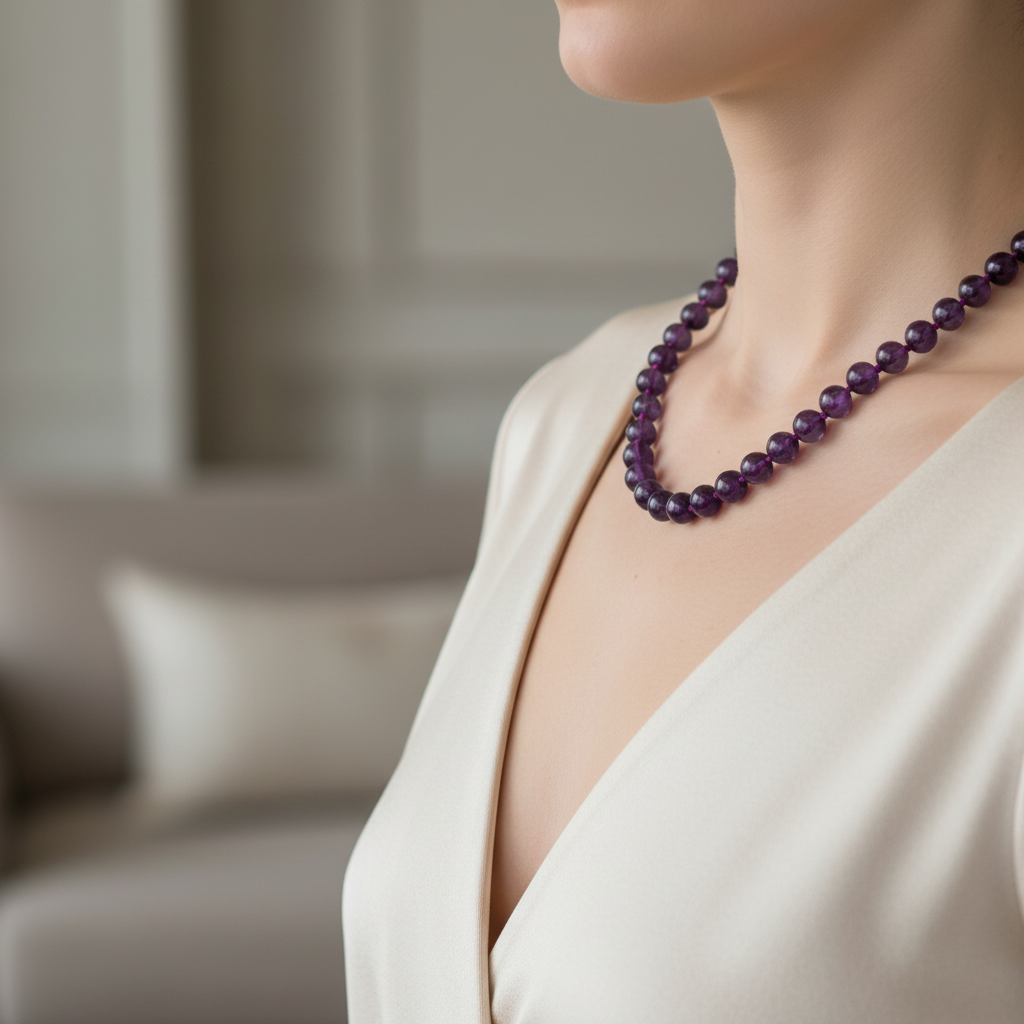 Ametist Doğal Taş Kolye – 8 mm Düğümlü, Unisex Tasarım