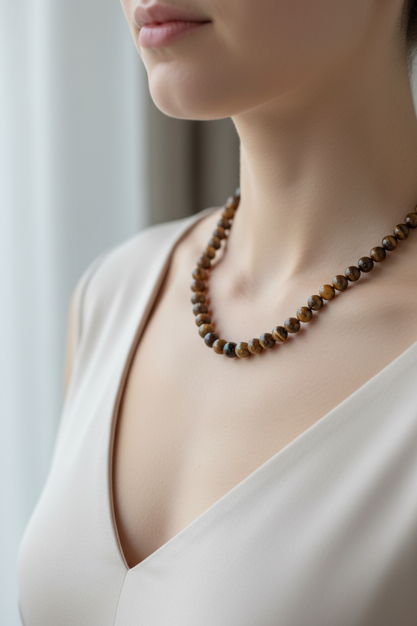 Pitersit Doğal Taş Kolye – 8 mm Düğümlü, Unisex Tasarım