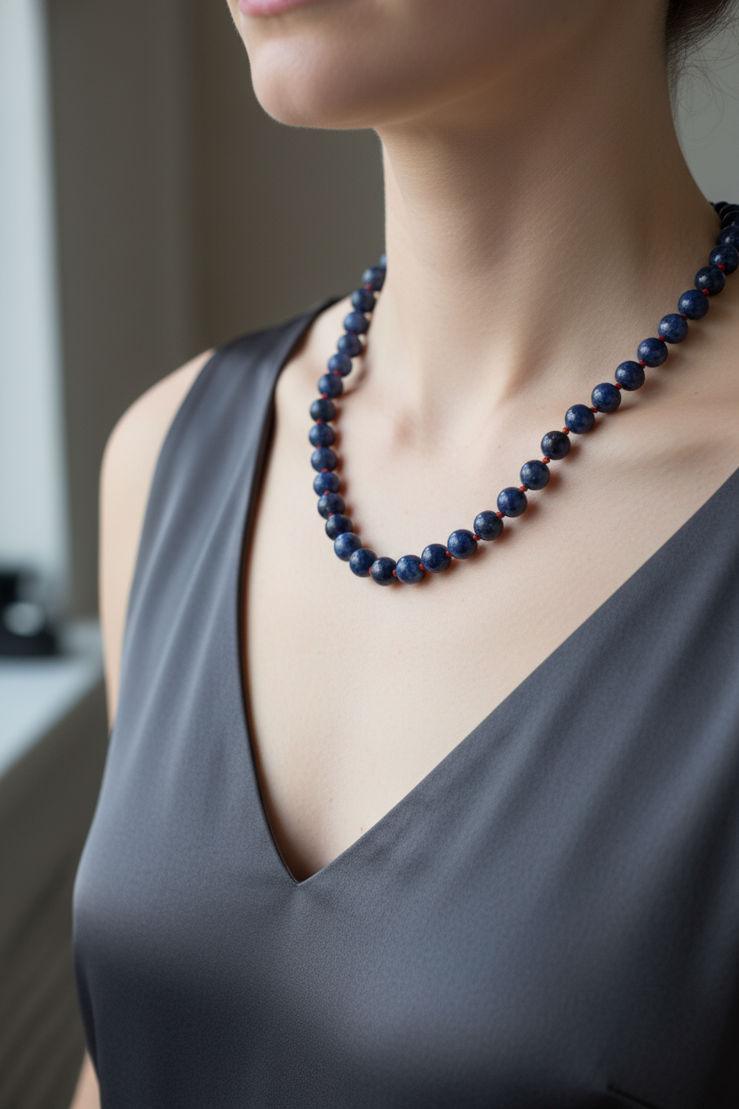 Dumortierit Doğal Taş Kolye – 8 mm Düğümlü, Unisex Tasarım