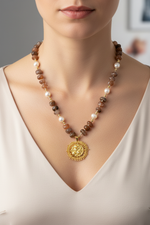 Güneş Taşı & İnci Doğal Taş 925 Ayar Gümüş Tasarım Kolye – 60 cm – Özel Tasarım