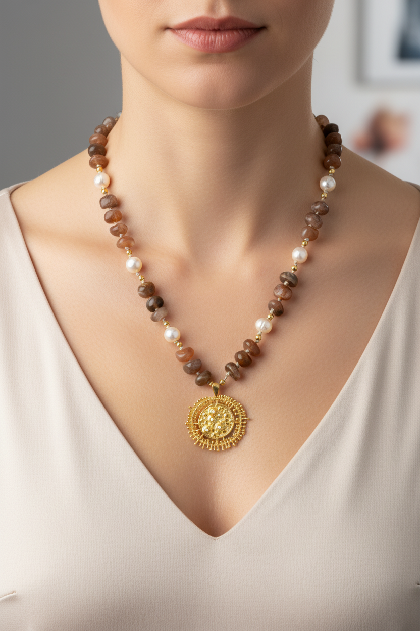 Güneş Taşı & İnci Doğal Taş 925 Ayar Gümüş Tasarım Kolye – 60 cm – Özel Tasarım