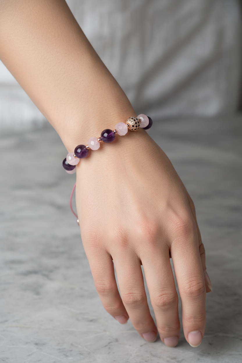Ametist ve Pembe Kuvars Doğal Taş Bileklik – Unisex Şık Tasarım