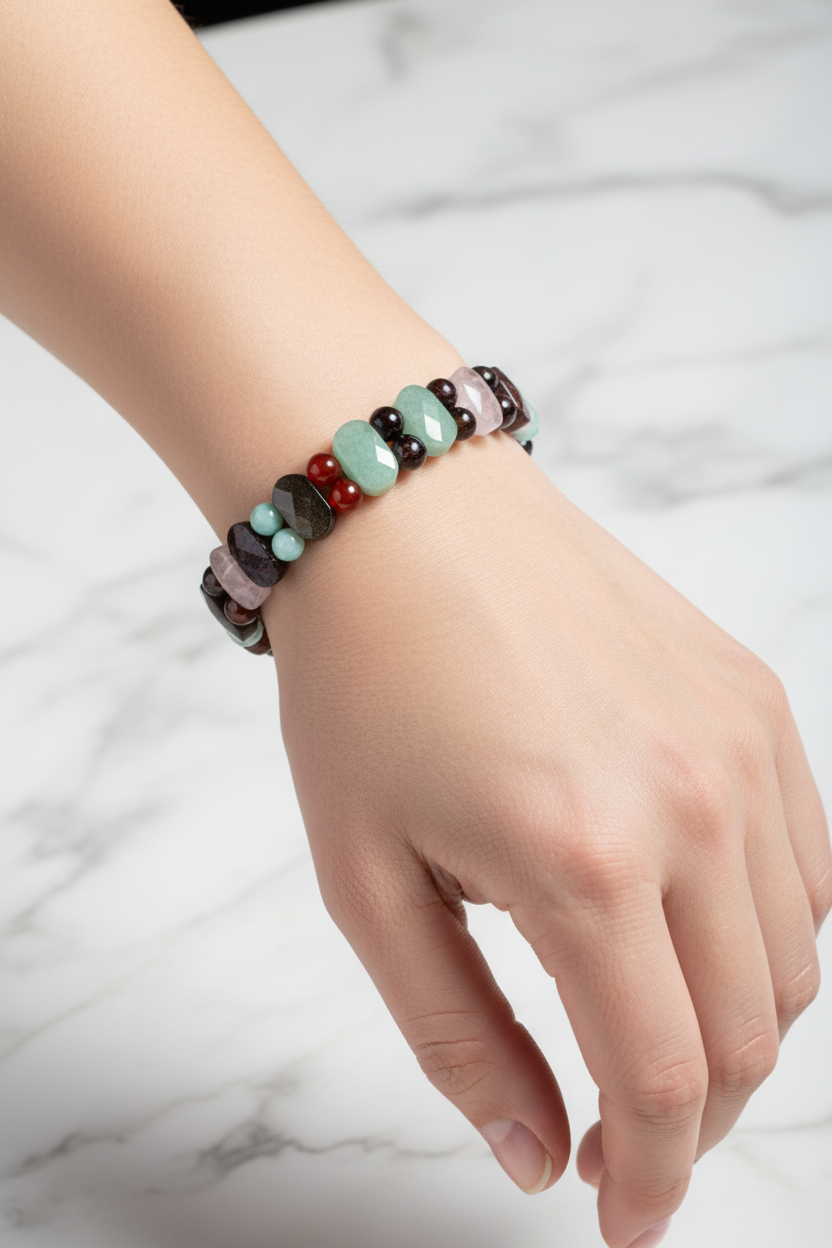 Başak Burcu Doğal Taş Bileklik – Amazonit, Granat Lal, Dumanlı Kuvars, Obsidyen, Jasper, Akik, Pembe Kuvars & Aventurin