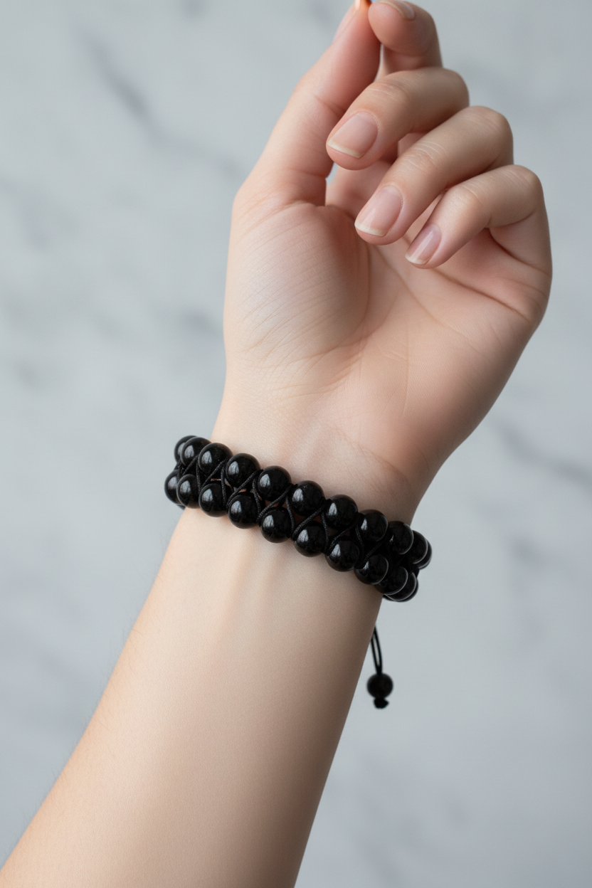 Siyah Turmalin 8mm Çift Sıra Makrome Doğal Taş Bileklik