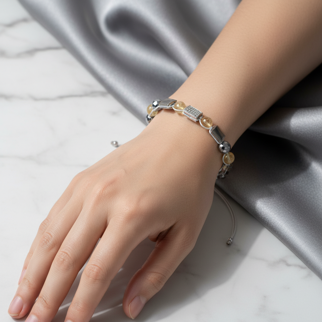 Sitrin, Hematit ve Zirkon Doğal Taş Bileklik – Unisex Şık Tasarım