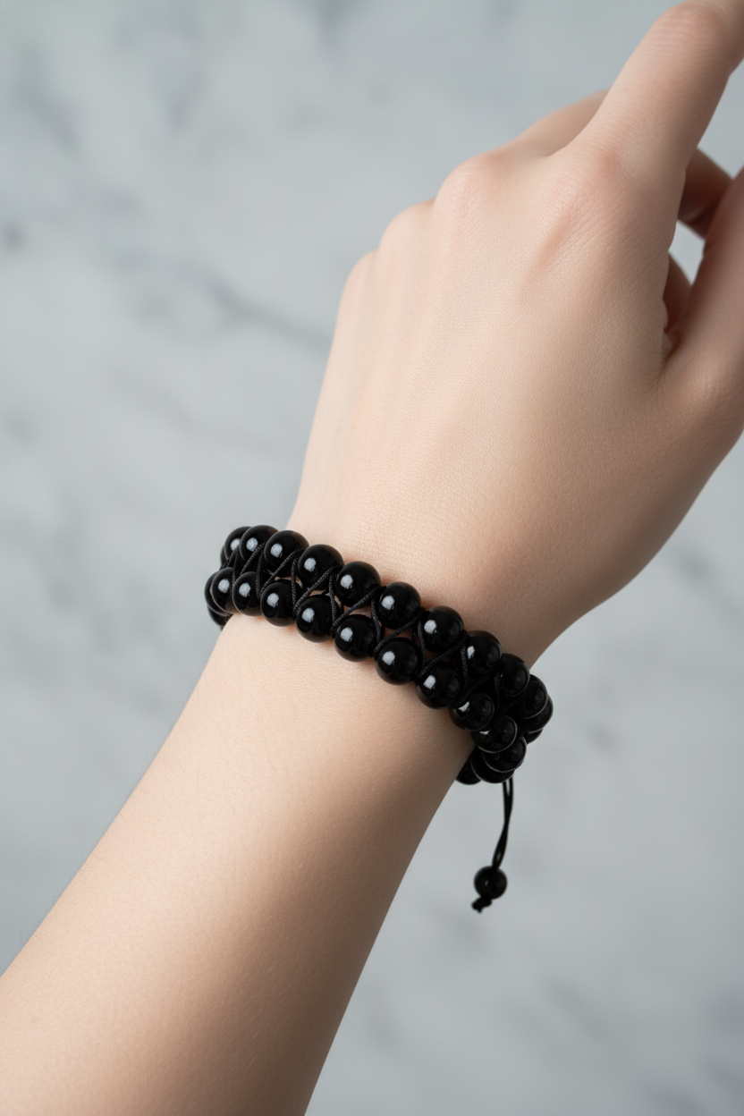 Siyah Turmalin 8mm Çift Sıra Makrome Doğal Taş Bileklik