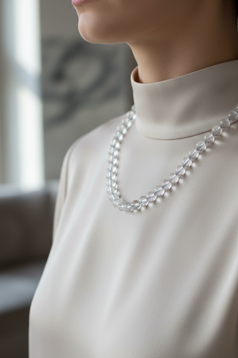 Kristal Kuvars Doğal Taş Kolye – 8 mm Düğümlü, Unisex Tasarım