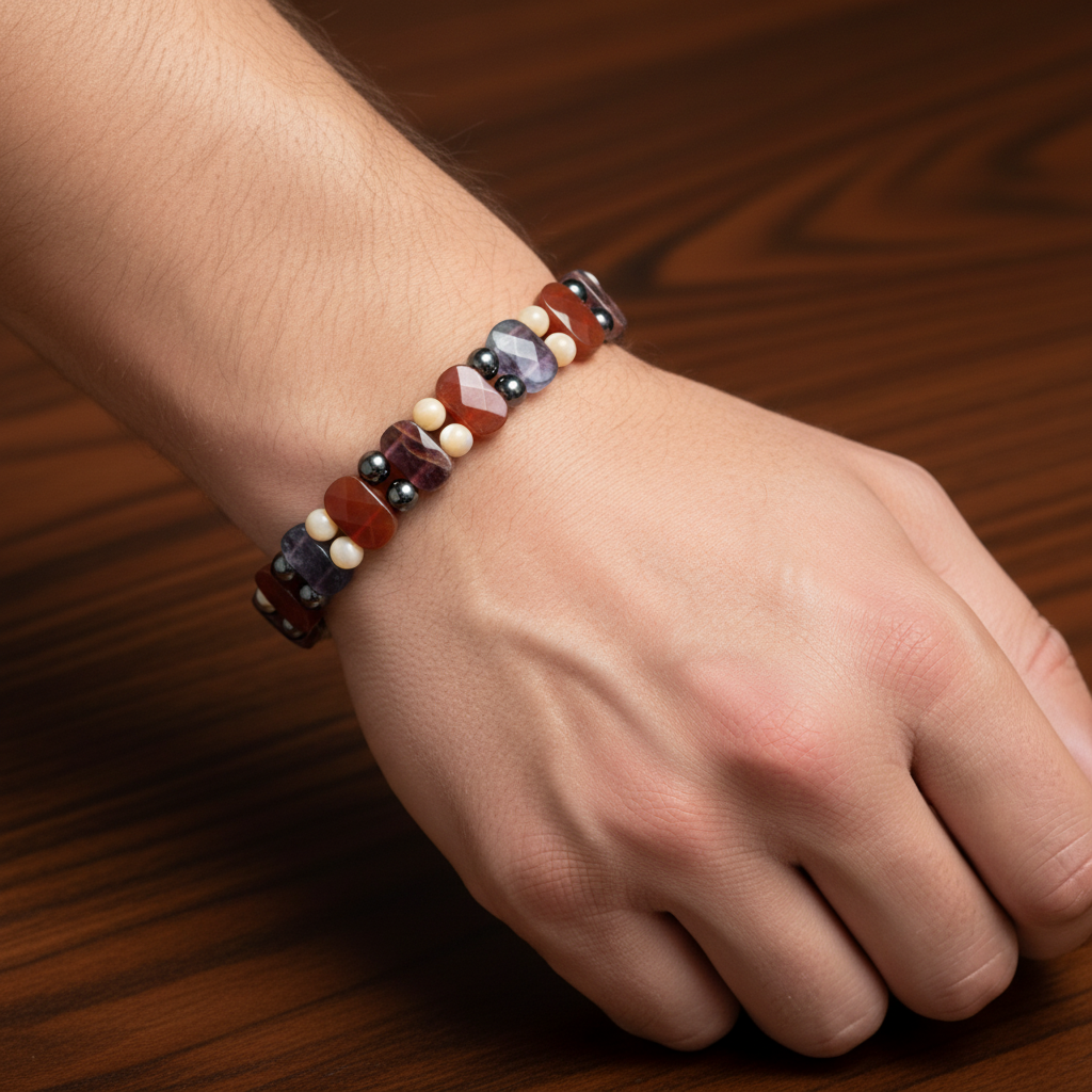 Kova Burcu Doğal Taş Bileklik – Hematit, Kırmızı Akik, Sedef & Mor Florit