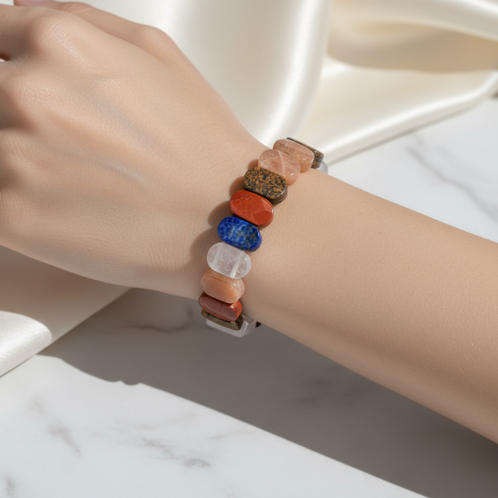 Yay Burcu Doğal Taş Bileklik – Ay Taşı, Bronzit, Güneş Taşı, Jasper, Lapis Lazuli & Selenit