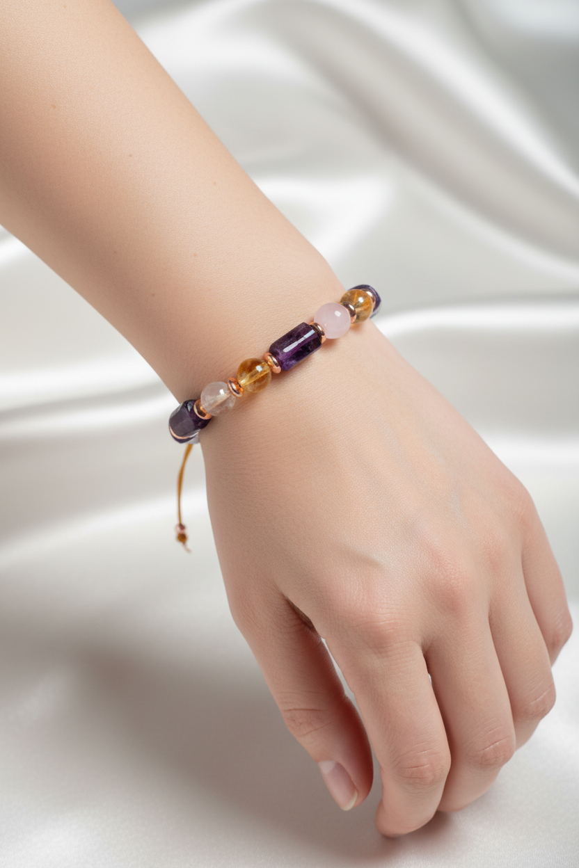 Ametist, Sitrin, Pembe Kuvars ve Hematit Doğal Taş Bileklik – Unisex Şık Tasarım