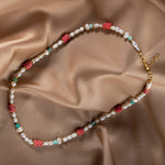 İnci-Fosil Mercan-Amazonit Doğal Taş Altın Kaplama Kapama Kolye