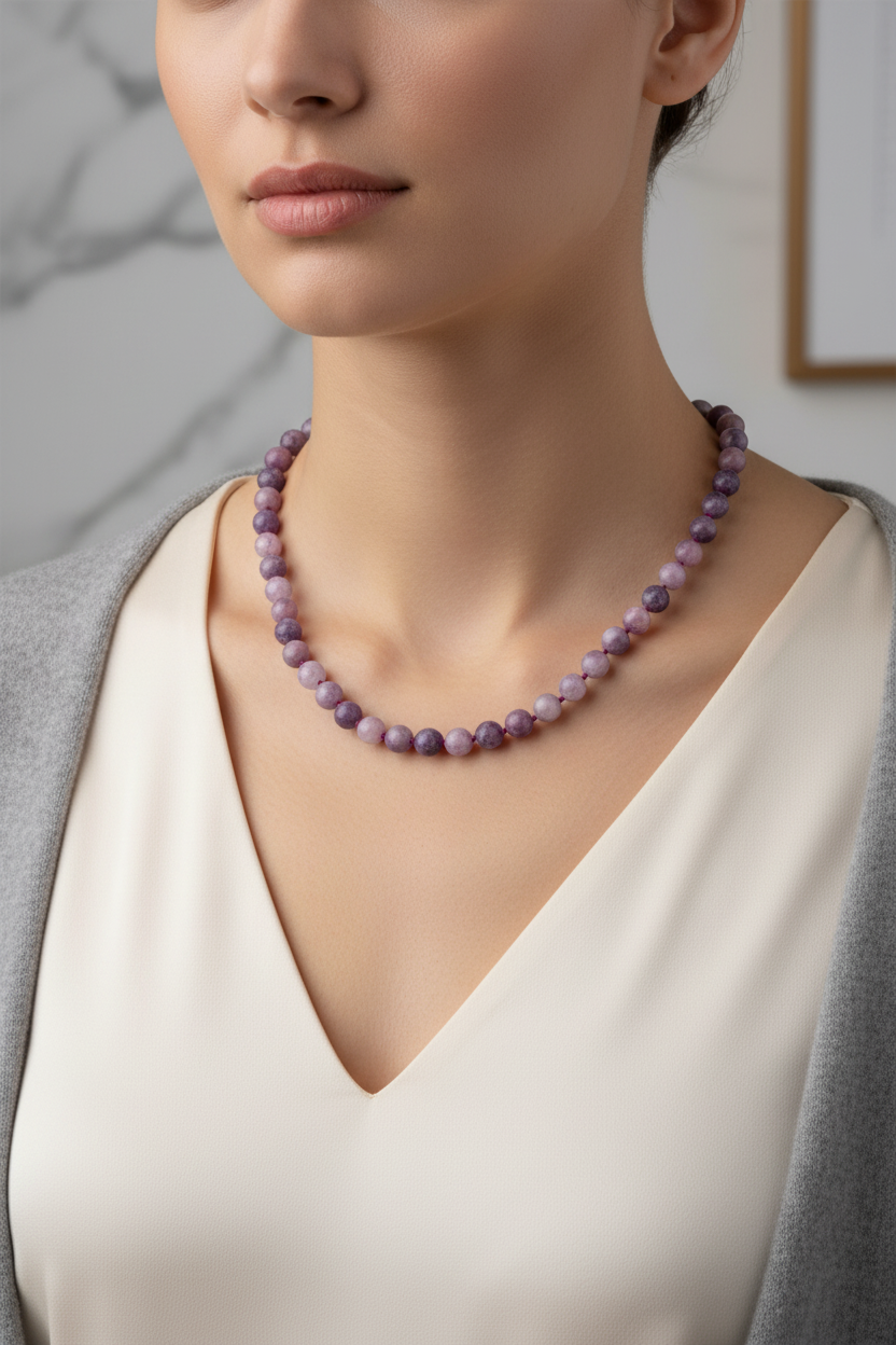 Lepidolit Doğal Taş Kolye – 8 mm Düğümlü, Unisex Tasarım