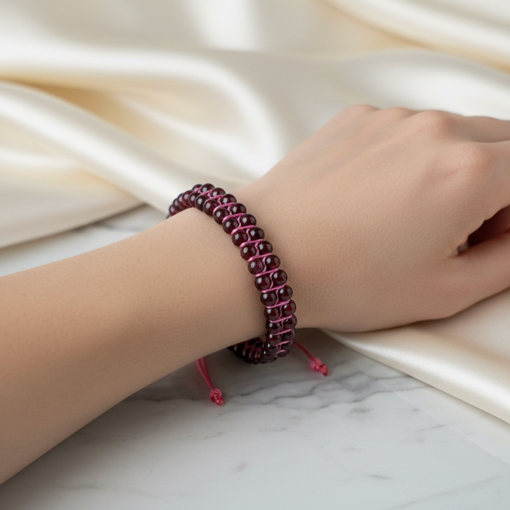 Bordo Granat Lal 4 mm Çift Sıra Doğal Taş Bileklik – Unisex El İşçiliği