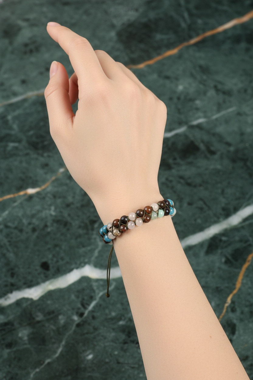 Sertifikalı Boğa Burcu Doğal Taş Çift Sıra Makrome Bileklik – 6 mm | Pirtash | Özel Üretim