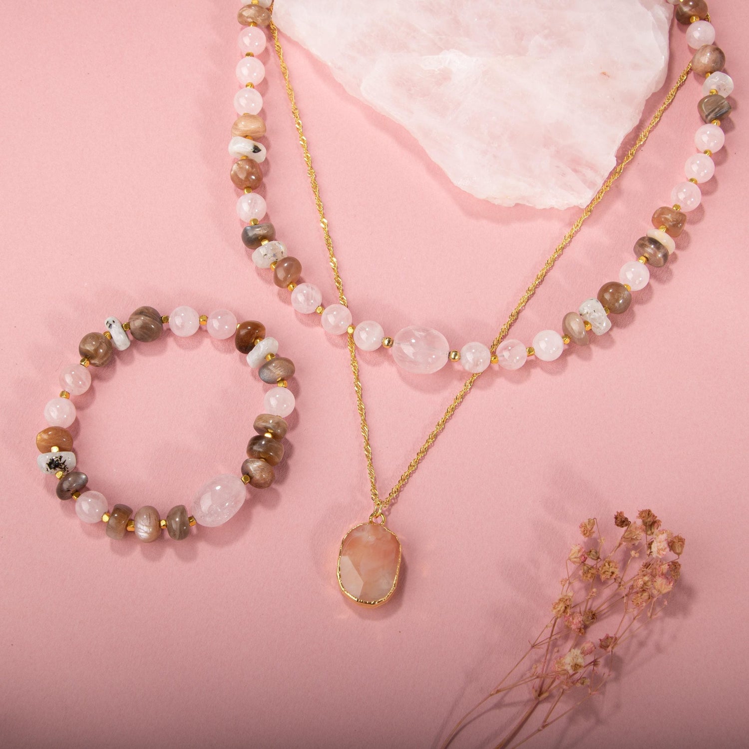 Güneş Taşı-Pembe Kuvars-Ay Taşı Doğal Taş Gümüş Kolye Bileklik Seti- 54cm