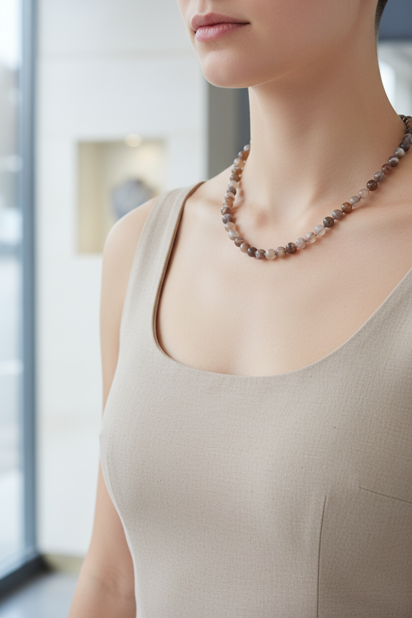 Botswana Akiği 6 mm Düğümlü Doğal Taş Kolye – Unisex El İşçiliği