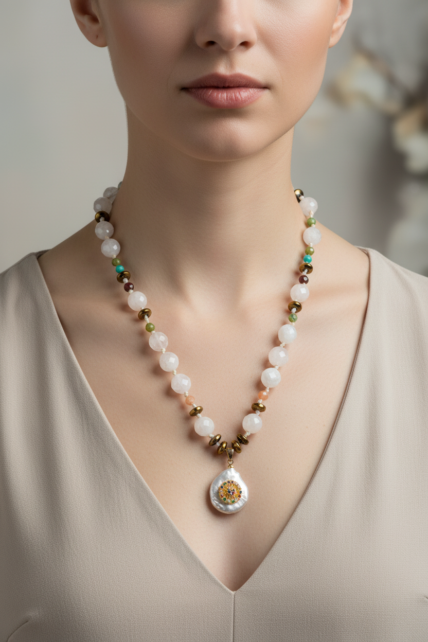 Ay Taşı, Ametist, Lapis Lazuli, Amazonit, Yeşim, Jasper & Güneş Taşı İnci Model Doğal Taş Kolye – Özel Tasarım