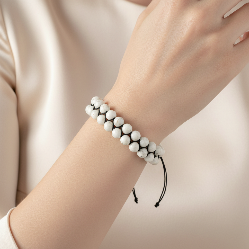 Ay Taşı 8mm Çift Sıra Makrome Doğal Taş Bileklik