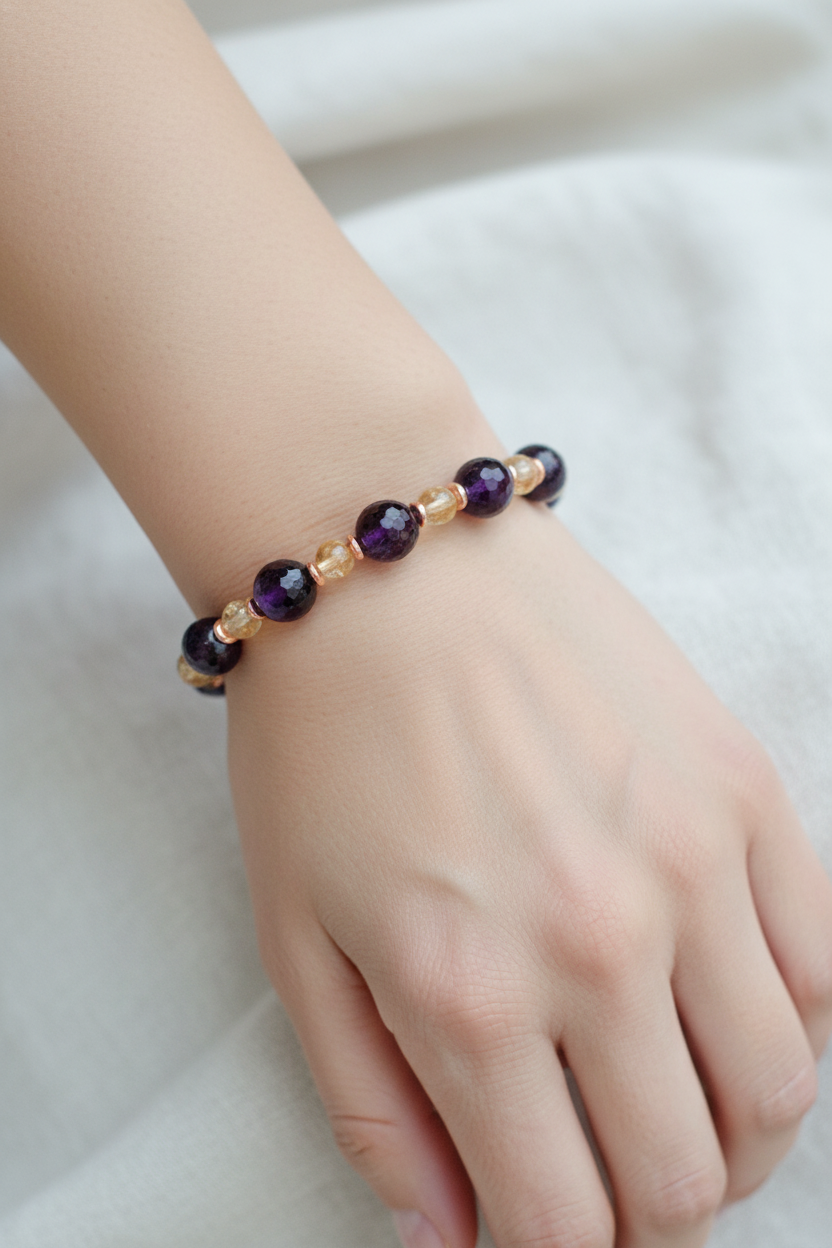 Ametist (10 mm Fasetli), Sitrin (6 mm) ve Hematit Doğal Taş Bileklik – Misinalı, Unisex Tasarım