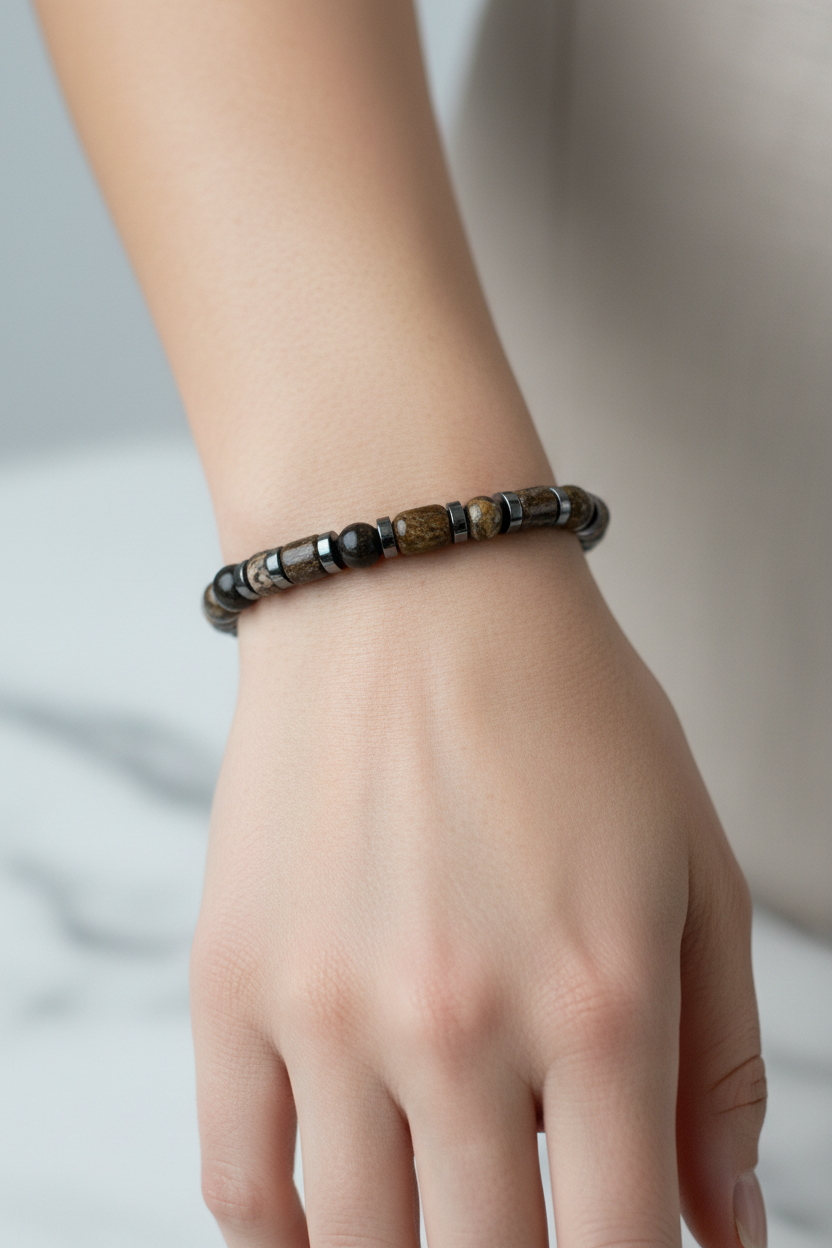 Şungit, Bronzit, Obsidyen, Rodonit ve Hematit Doğal Taş Bileklik – 6 mm Misinalı, Unisex Tasarım