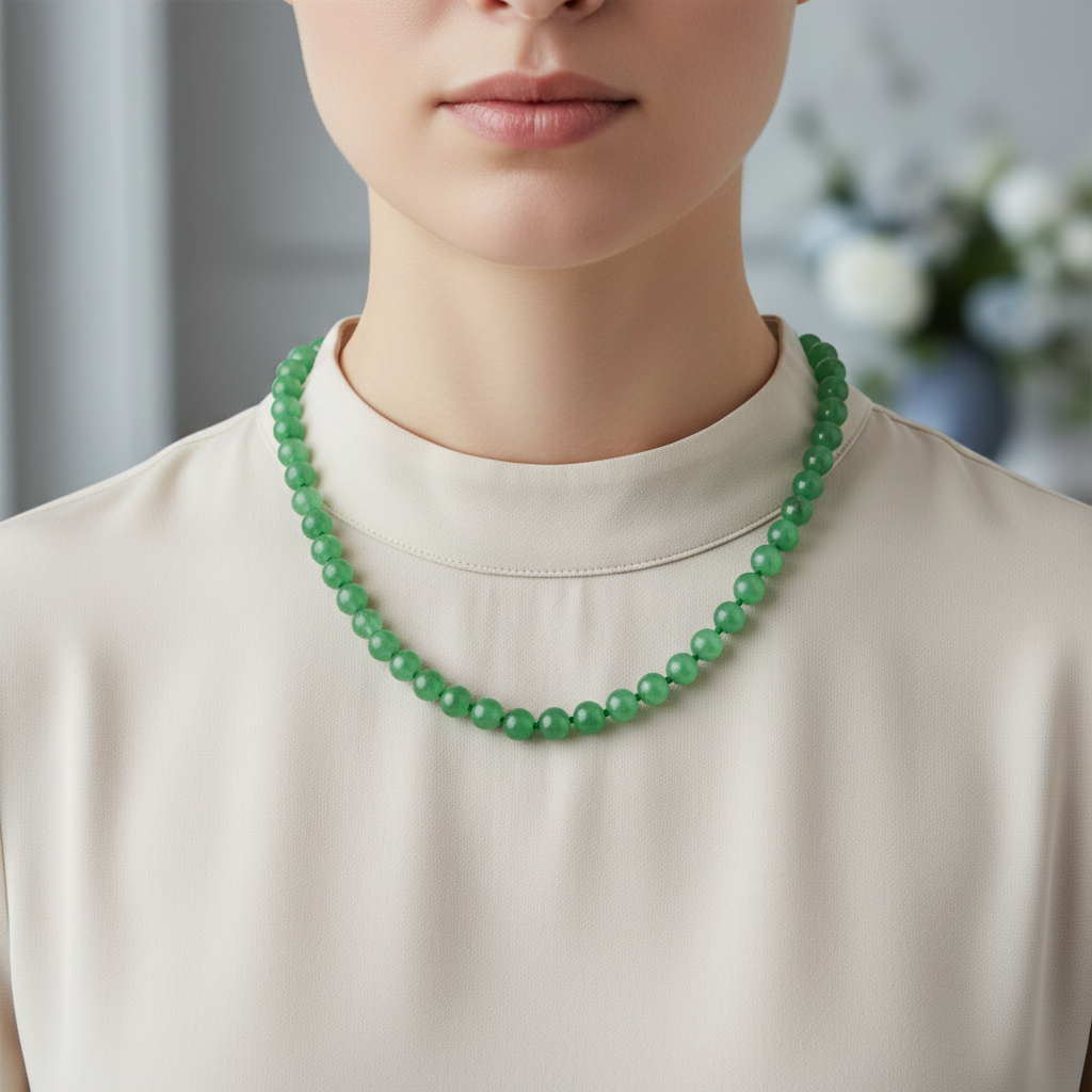 Yeşil Aventurin Doğal Taş Kolye – 8 mm Düğümlü, Unisex Tasarım