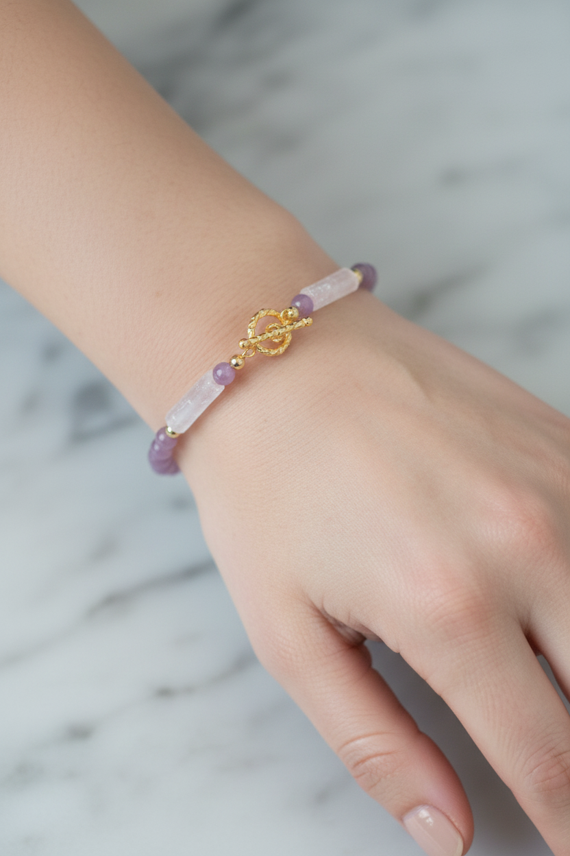 Yakut ve Pembe Kuvars Doğal Taş Bileklik – Altın Kaplama ve Gümüş Kapamalı, Unisex Şık Tasarım