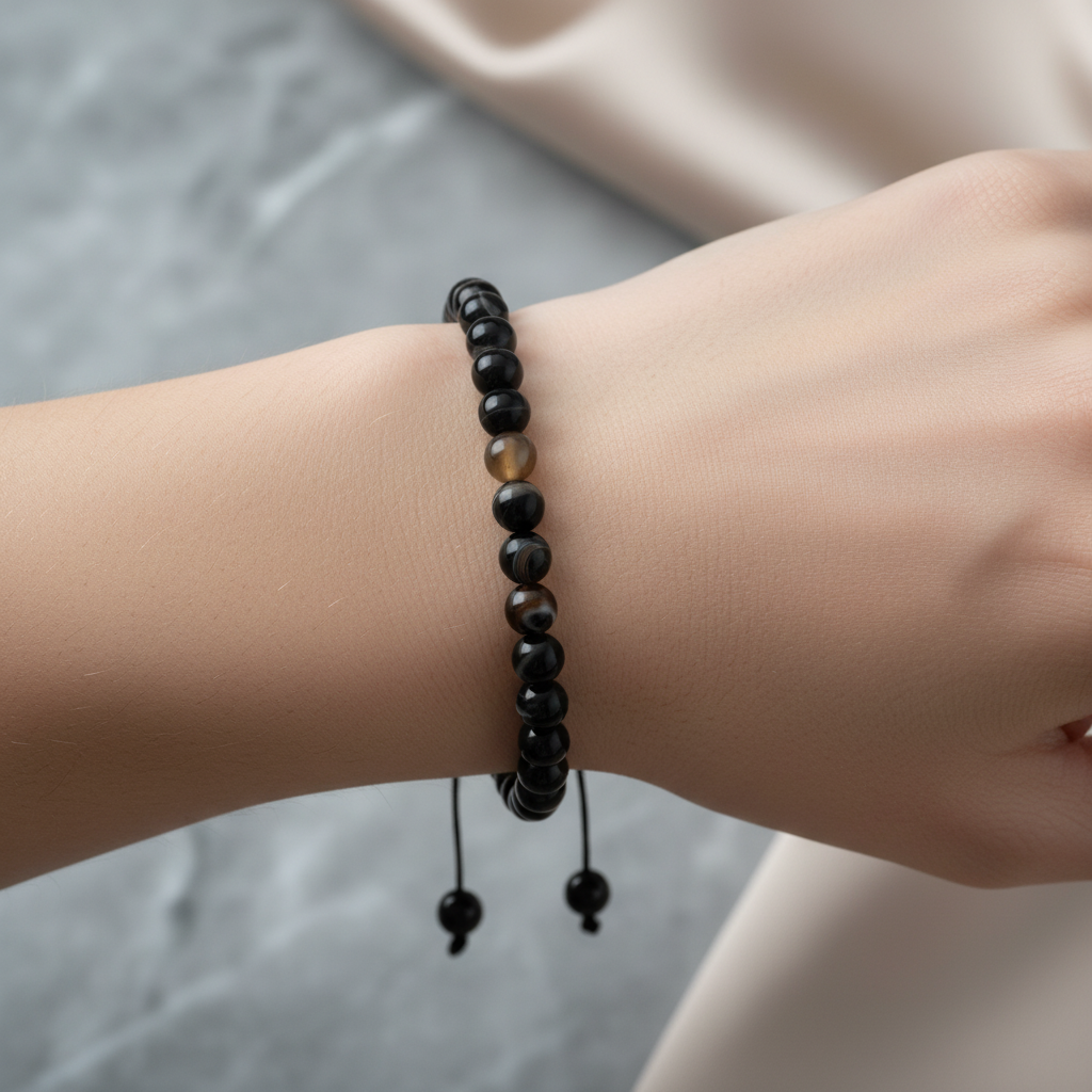 Siyah Göz Akik 6 mm Merdiven Kapama Doğal Taş Bileklik – El İşçiliği