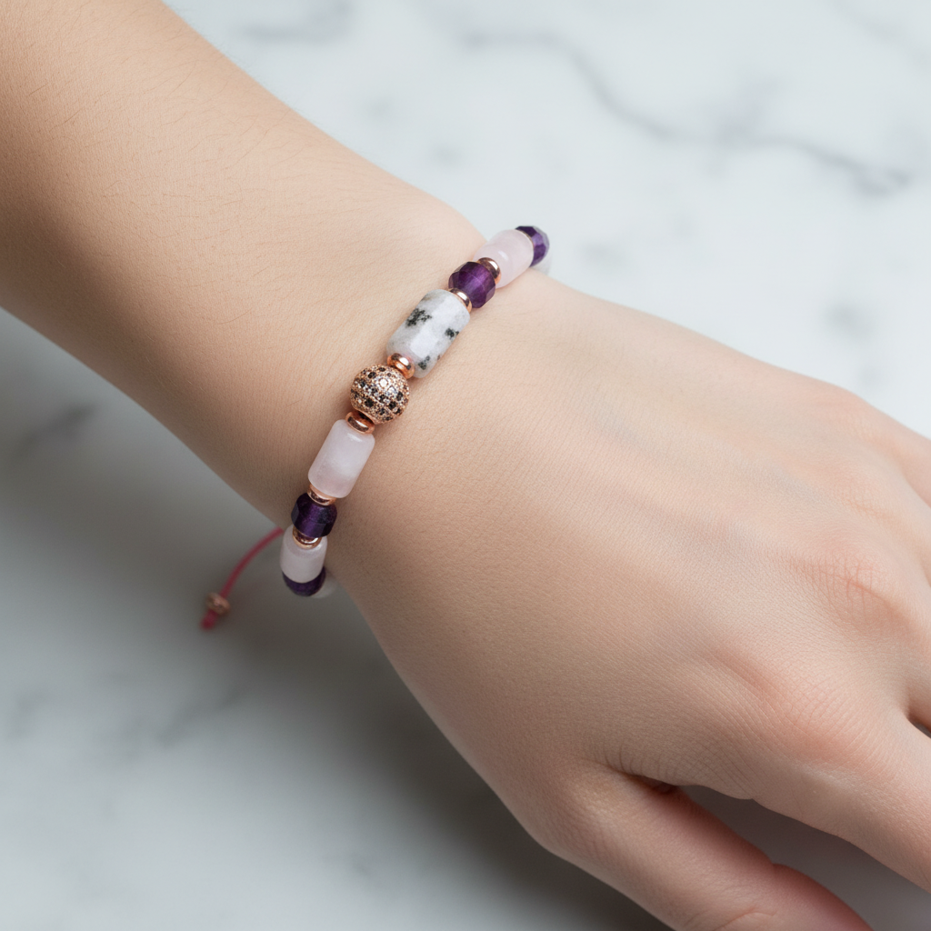 Ay Taşı, Pembe Kuvars, Ametist Doğal Taş Makrome Bileklik