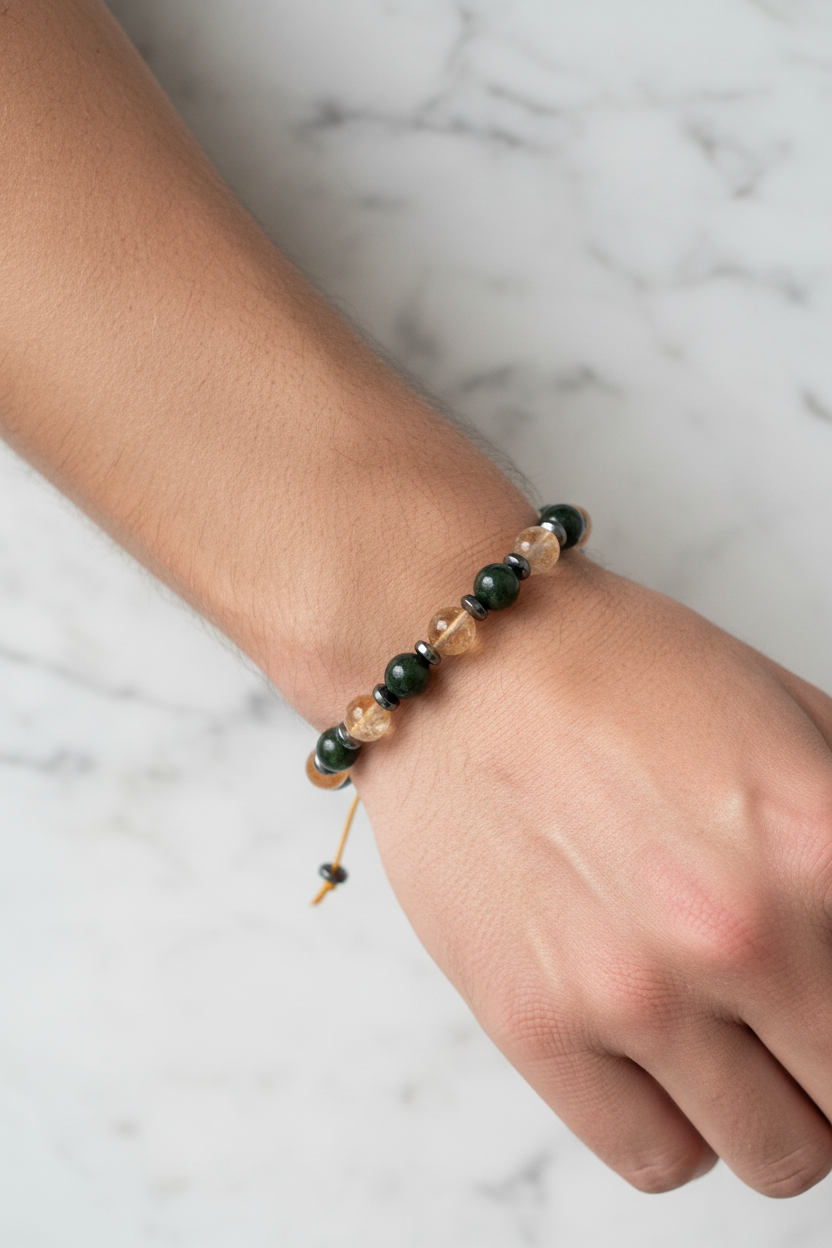 Yeşim, Sitrin ve Hematit Doğal Taş Bileklik – Unisex Şık Tasarım