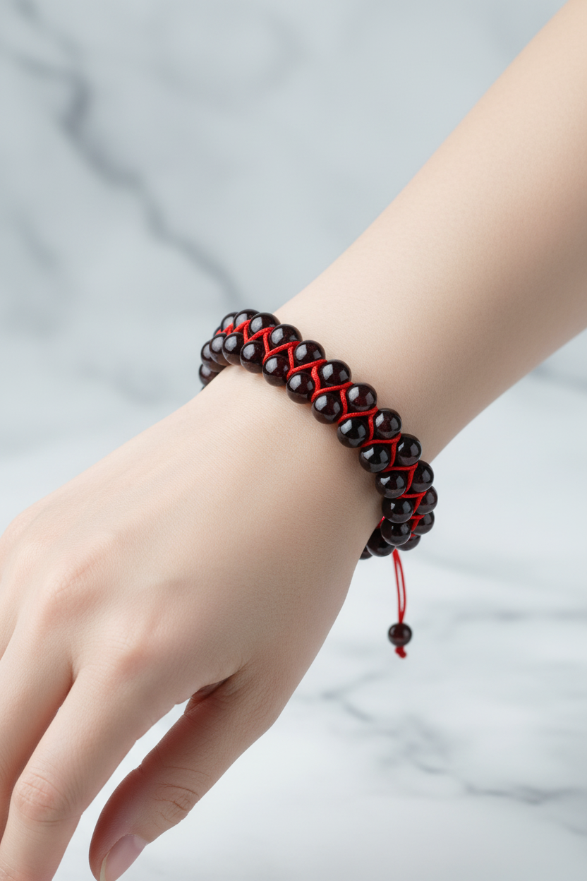 Bordo Granat Lal 8mm Çift Sıra Makrome Doğal Taş Bileklik